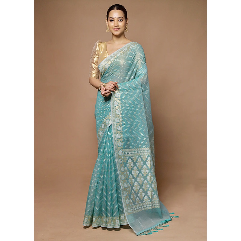 Blue Kora Silk Saree With Blouse Piece - JD986598632