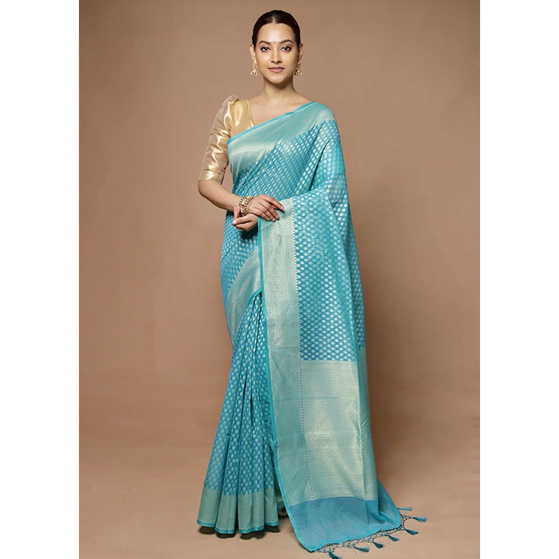 Blue Kora Silk Saree With Blouse Piece - JD986598634