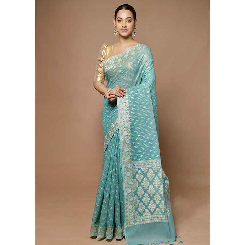 Blue Kora Silk Saree With Blouse Piece - JD986598635