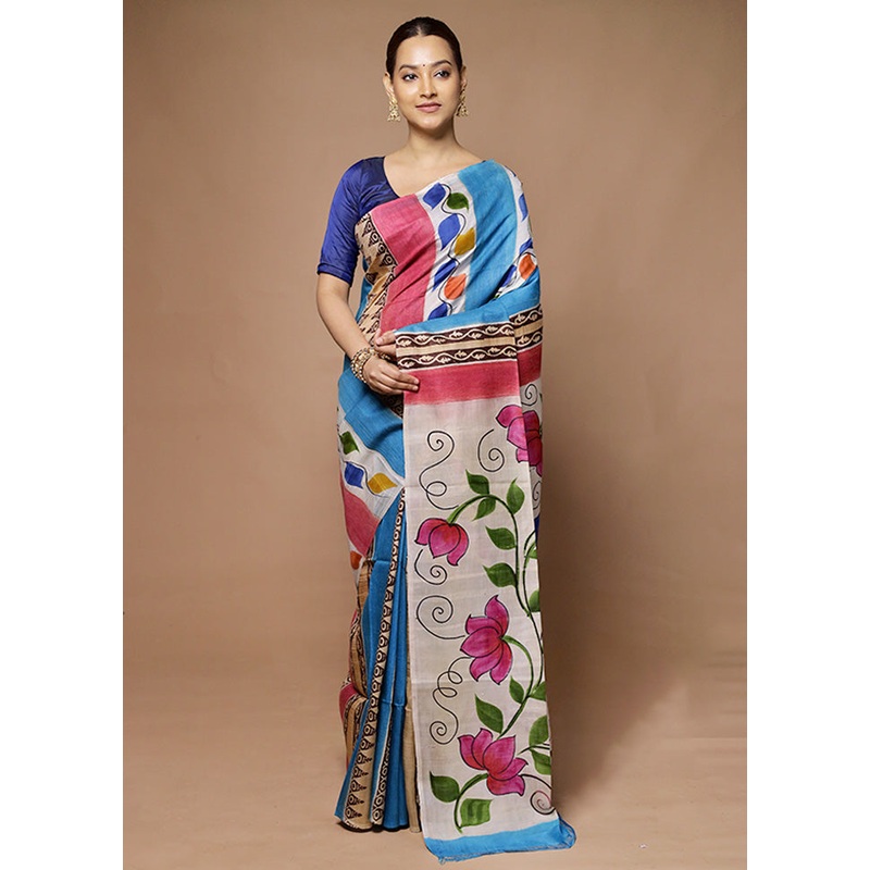 Blue Printed Pure Silk Saree Without Blouse Piece - JD986598631