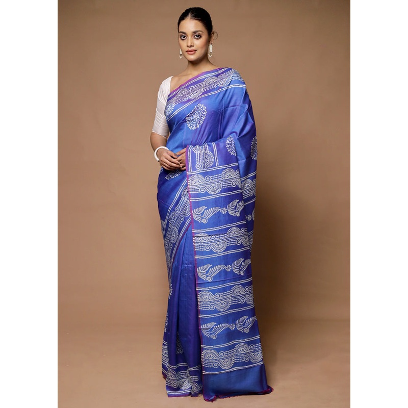Blue Printed Pure Silk Saree Without Blouse Piece - JD986598729