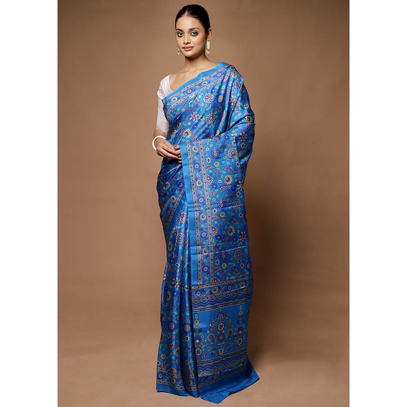 Blue Printed Pure Silk Saree Without Blouse Piece - JD986598730