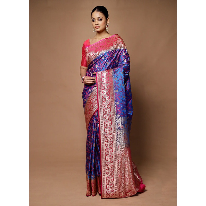 Blue Tanchoi Silk Saree With Blouse Piece - JD986598728