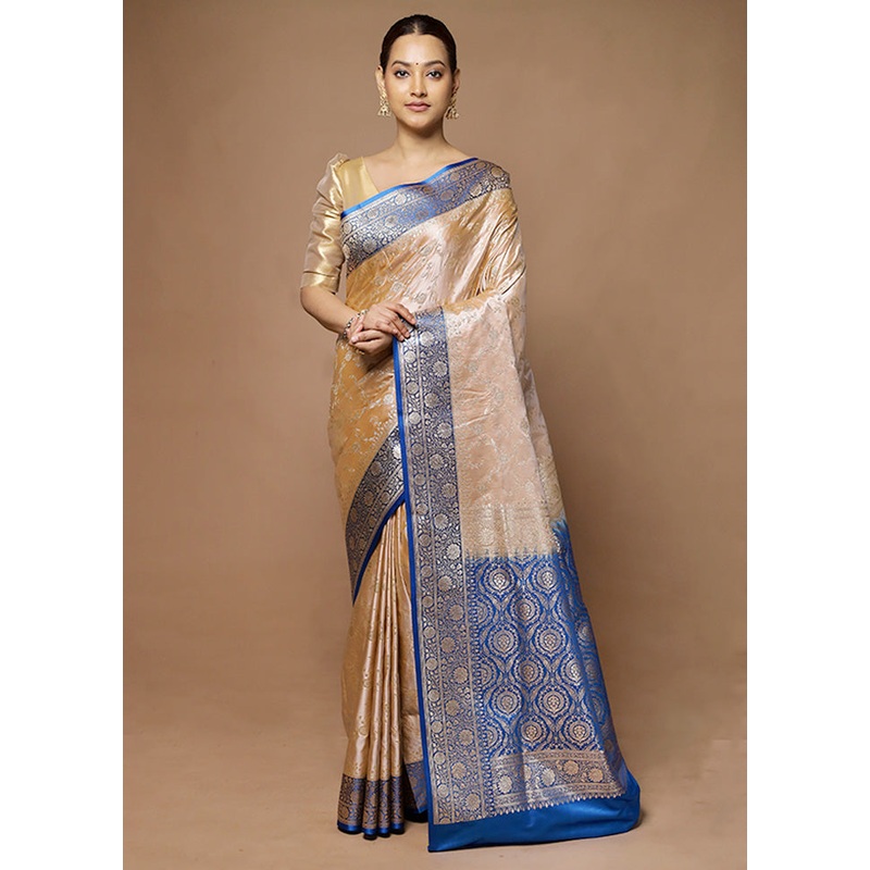 Cream Banarasi Silk Saree With Blouse Piece - JD986598629