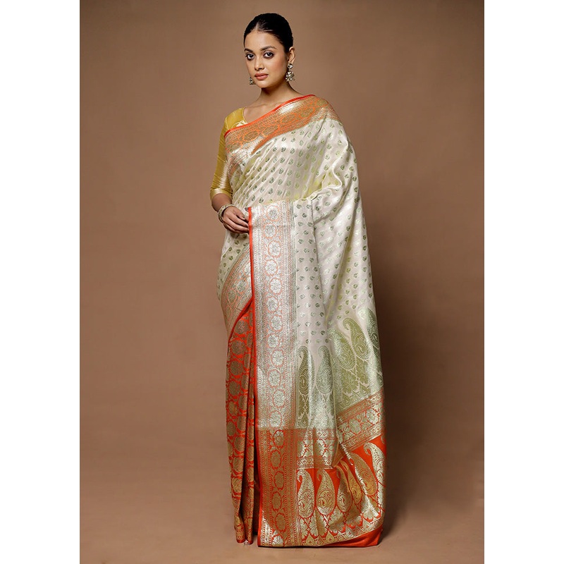 Cream Banarasi Silk Saree With Blouse Piece - JD986598726