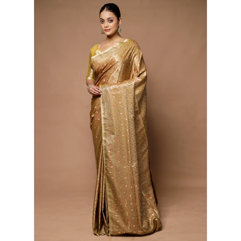 Cream Handloom Tanchoi Pure Silk Saree With Blouse Piece - JD986598724