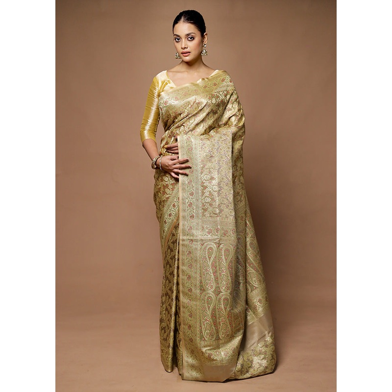 Cream Handloom Tanchoi Pure Silk Saree With Blouse Piece - JD986598725