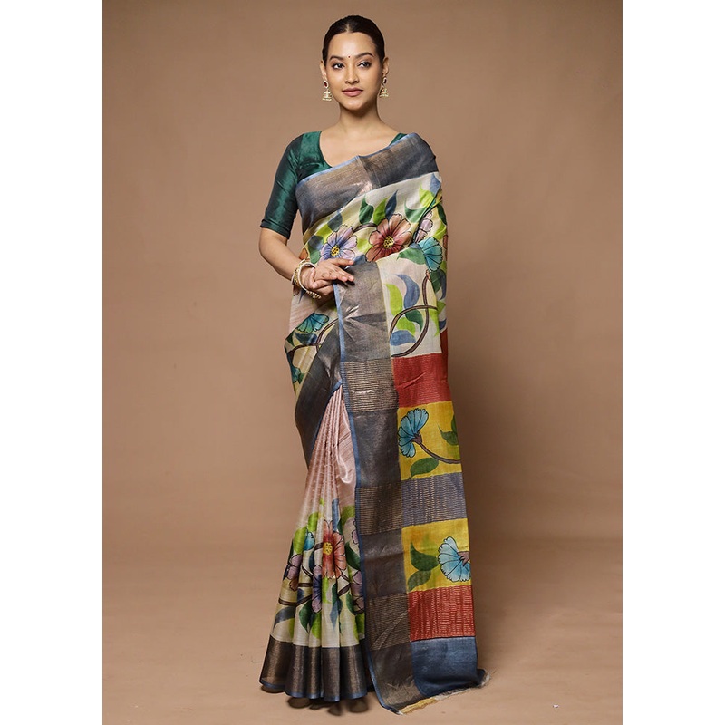 Cream Handloom Tussar Pure Silk Saree With Blouse Piece - JD986598627