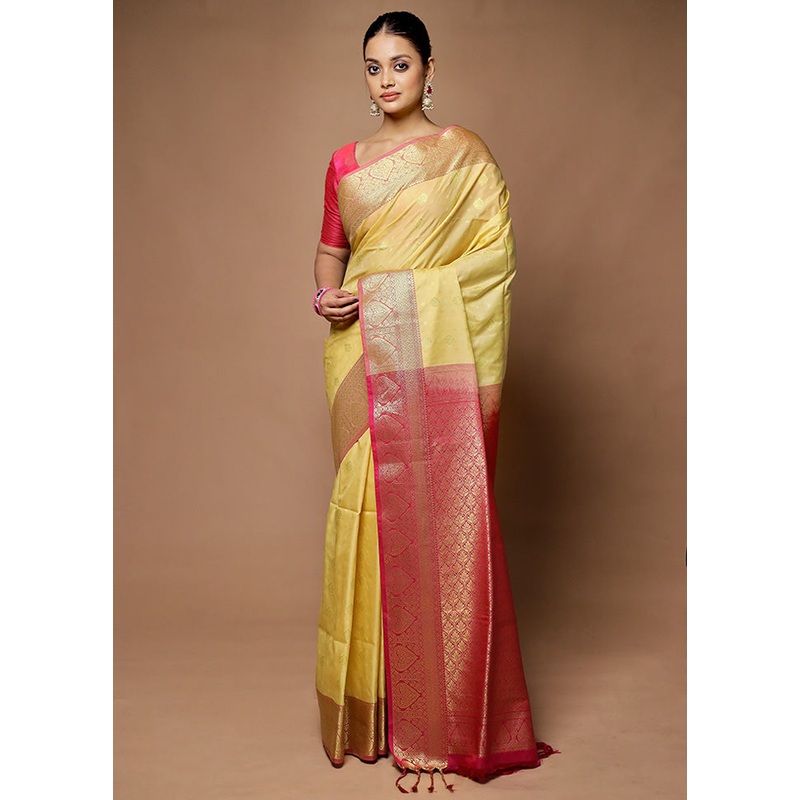 Cream Kanjivaram Silk Saree With Blouse Piece - JD986598723