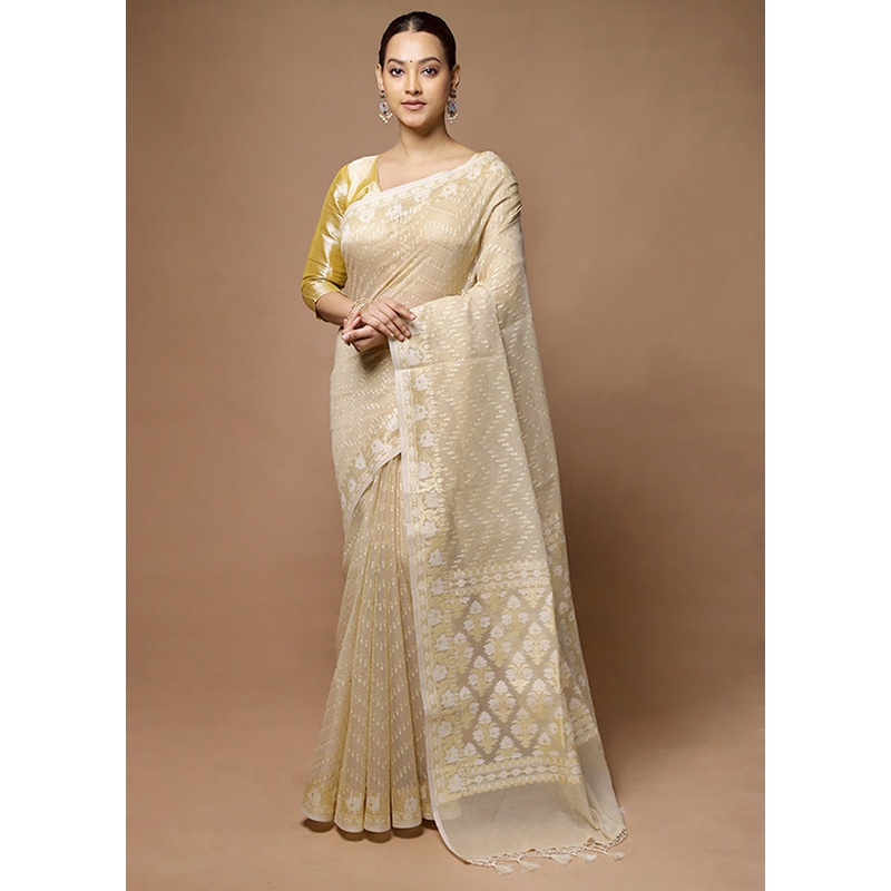 Cream Kora Silk Saree With Blouse Piece - JD986598625