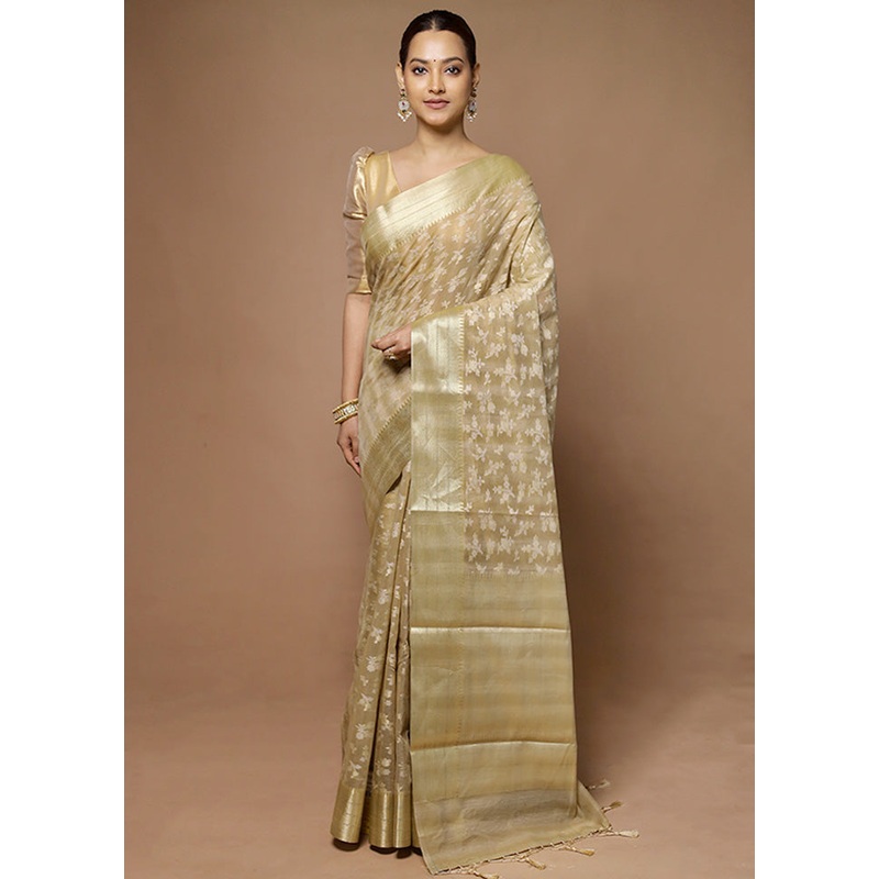 Cream Kora Silk Saree With Blouse Piece - JD986598626