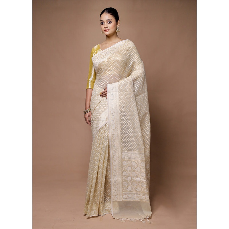 Cream Kora Silk Saree With Blouse Piece - JD986598721