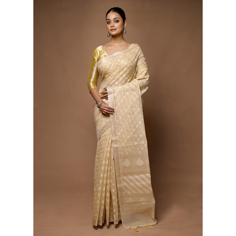 Cream Kora Silk Saree With Blouse Piece - JD986598722