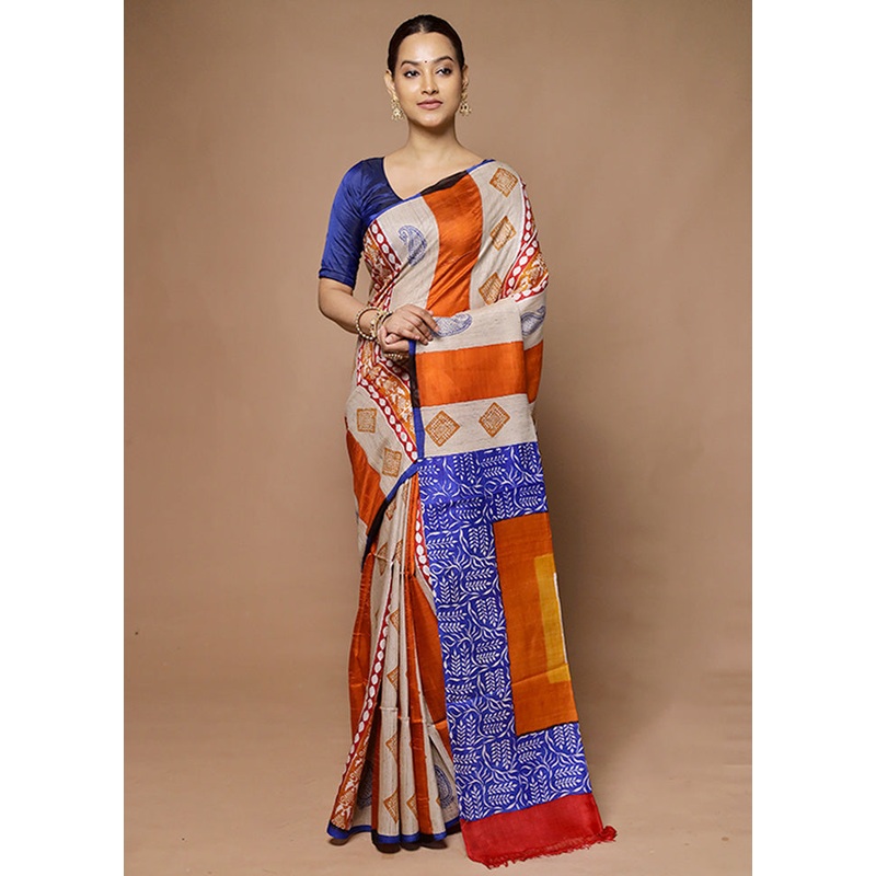 Cream Printed Pure Silk Saree Without Blouse Piece - JD986598624