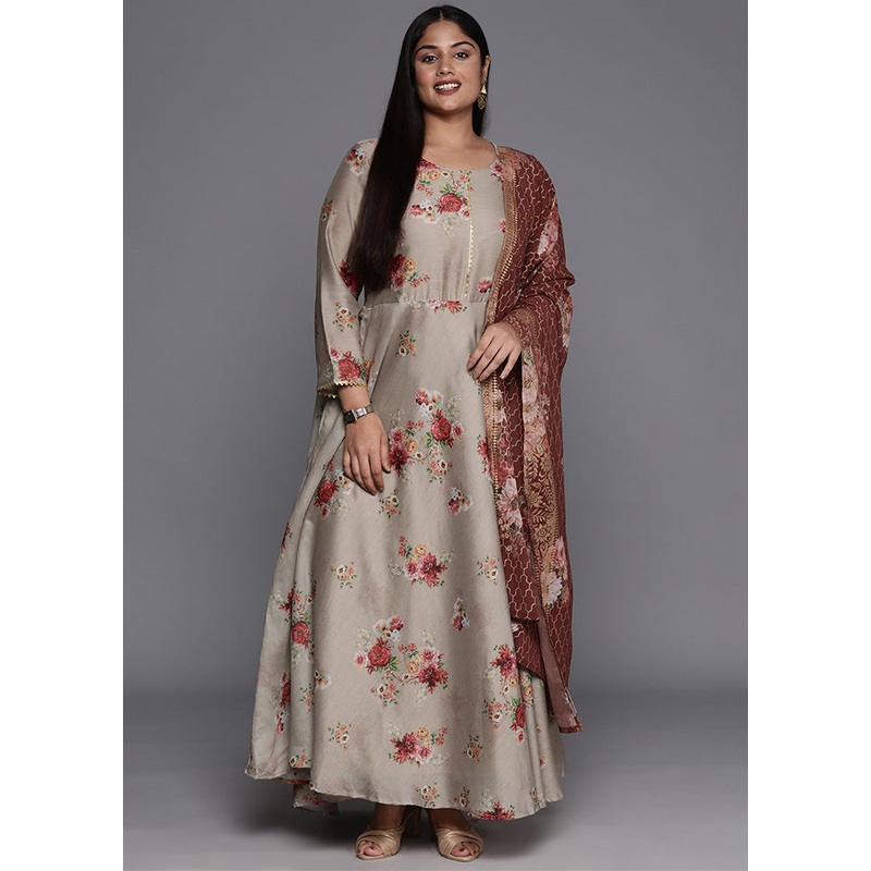 Cream Readymade Chanderi Dupatta Indian Dress - JD986598797