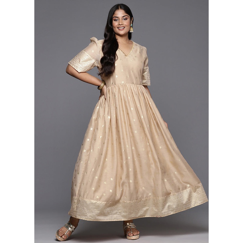 Cream Readymade Chanderi Indian Dress - JD986598796
