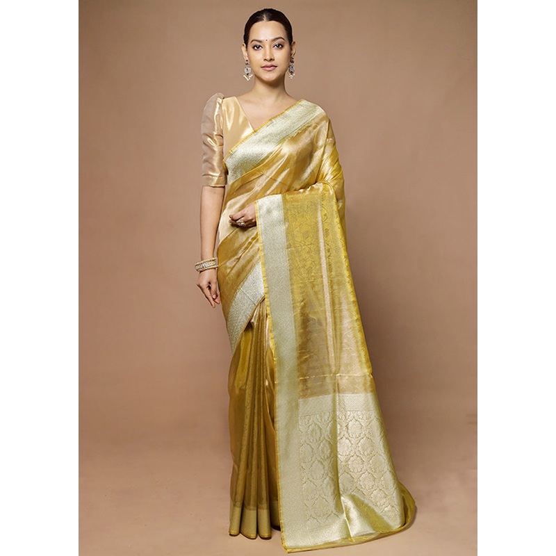Golden Tissue Silk Saree With Blouse Piece - JD986598621