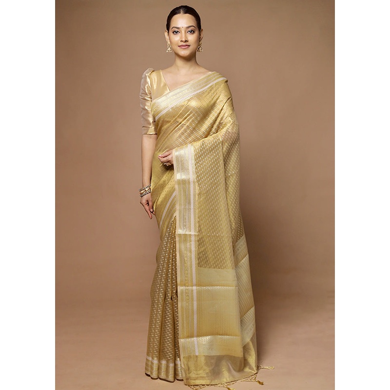Golden Tissue Silk Saree With Blouse Piece - JD986598622