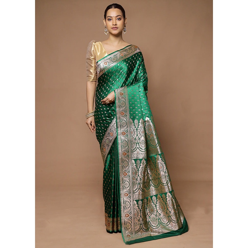 Green Banarasi Silk Saree With Blouse Piece - JD986598616