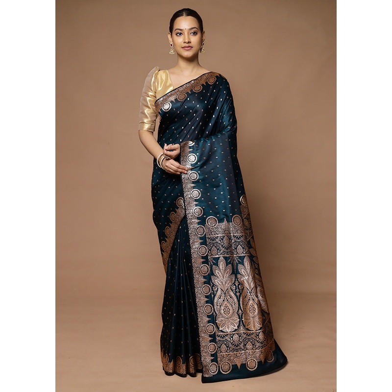Green Banarasi Silk Saree With Blouse Piece - JD986598617