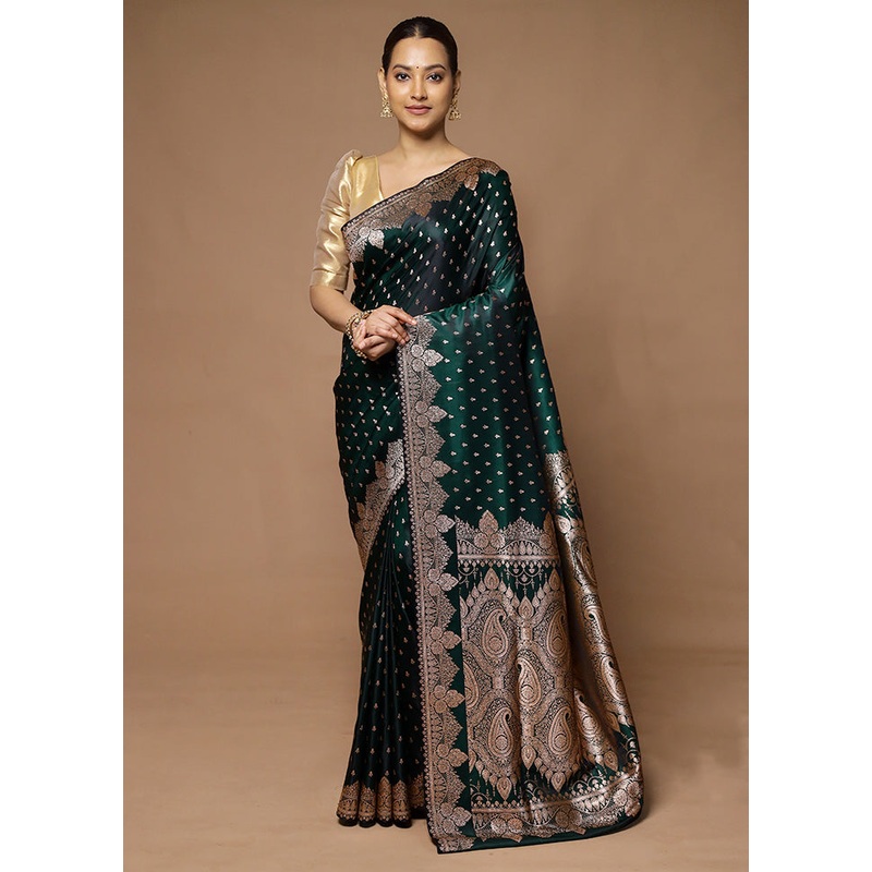 Green Banarasi Silk Saree With Blouse Piece - JD986598618