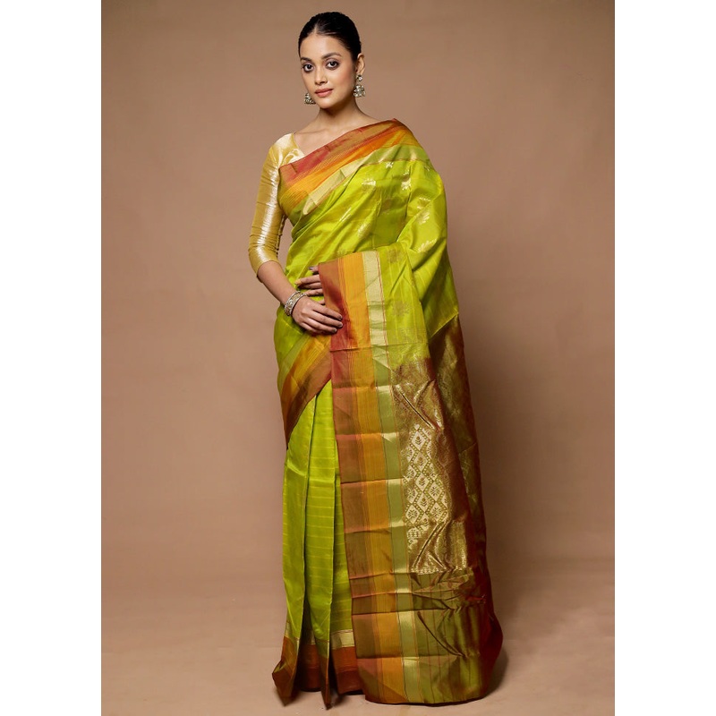 Green Handloom Kanjivaram Pure Silk Saree With Blouse Piece - JD986598719