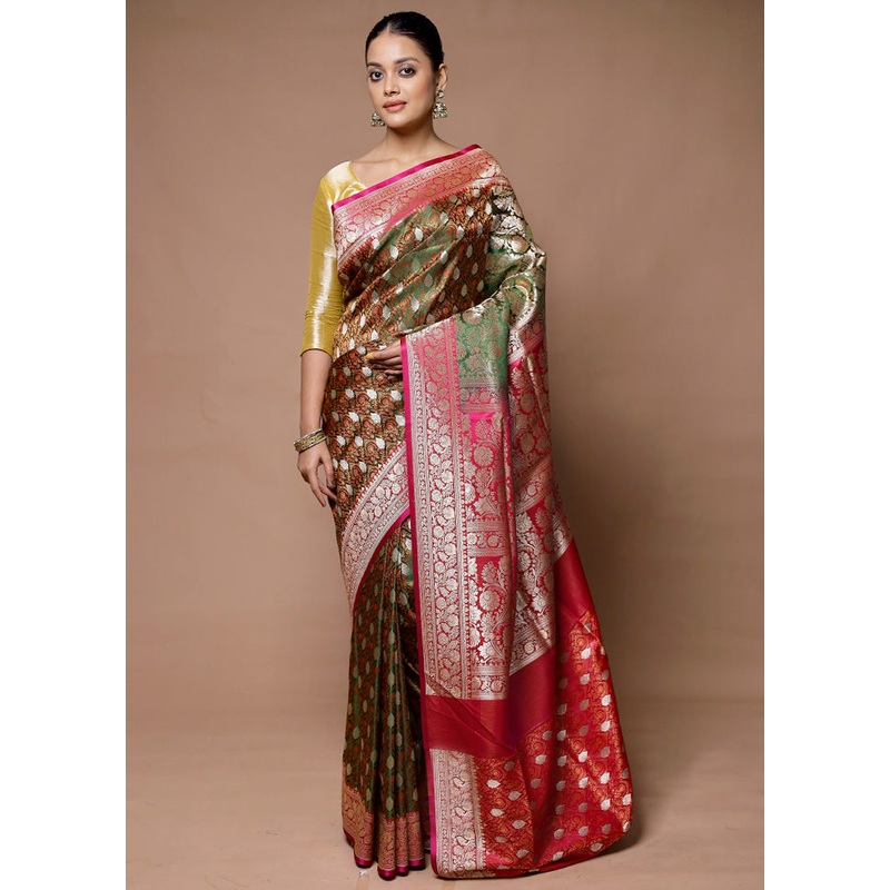 Green Handloom Tanchoi Pure Silk Saree With Blouse Piece - JD986598716
