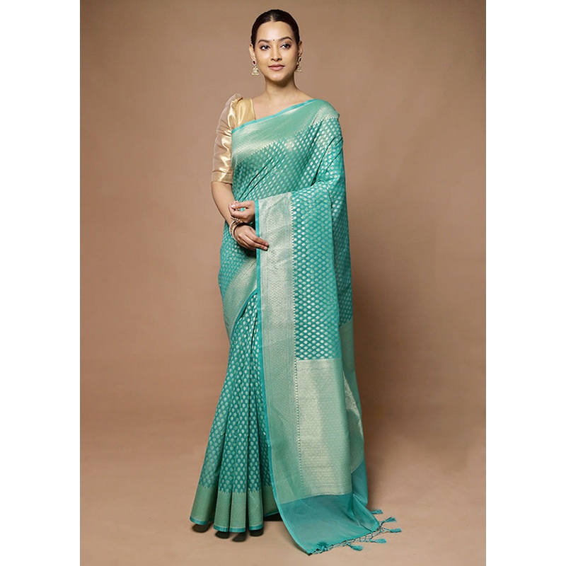 Green Kora Silk Saree With Blouse Piece - JD986598614