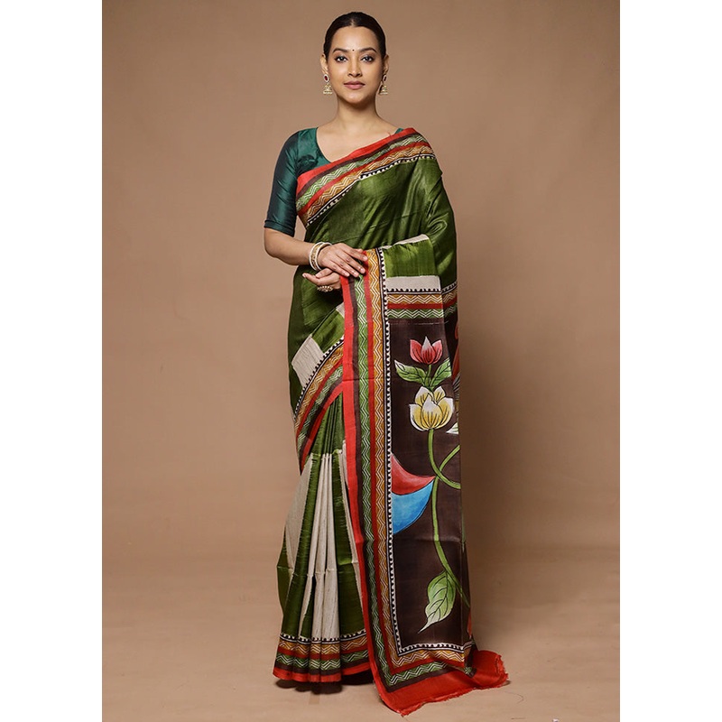 Green Printed Pure Silk Saree Without Blouse Piece - JD986598611