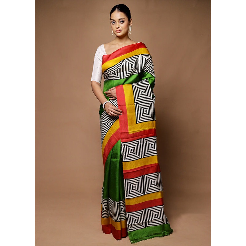 Green Printed Pure Silk Saree Without Blouse Piece - JD986598710