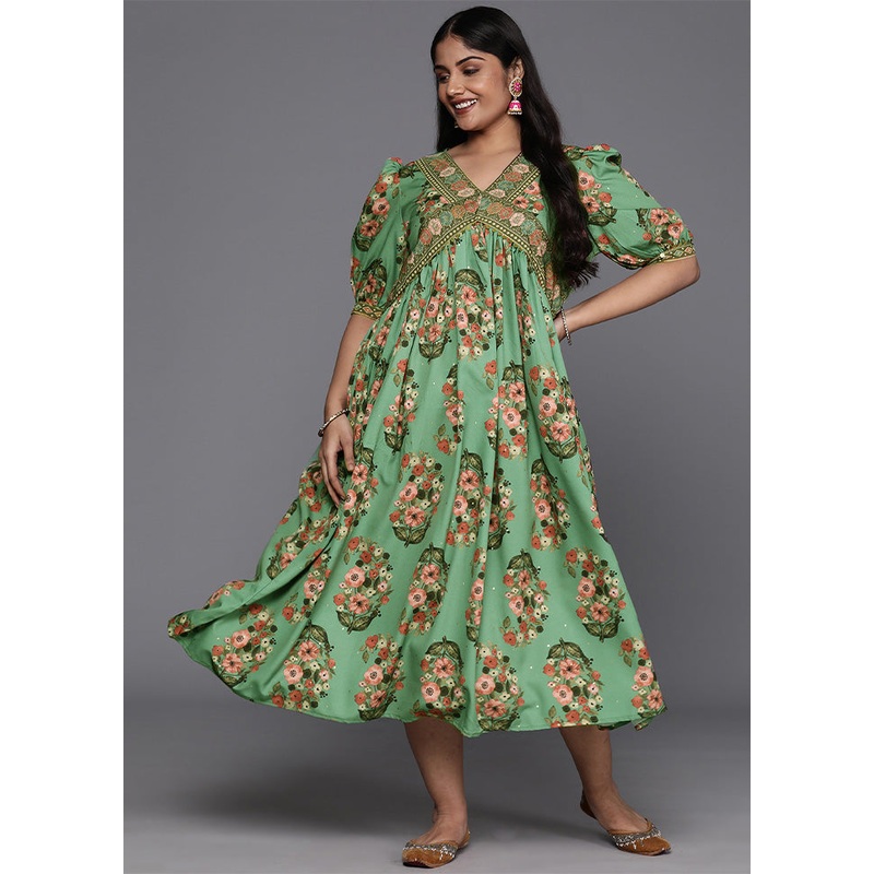 Green Readymade Silk Indian Dress - JD986598790