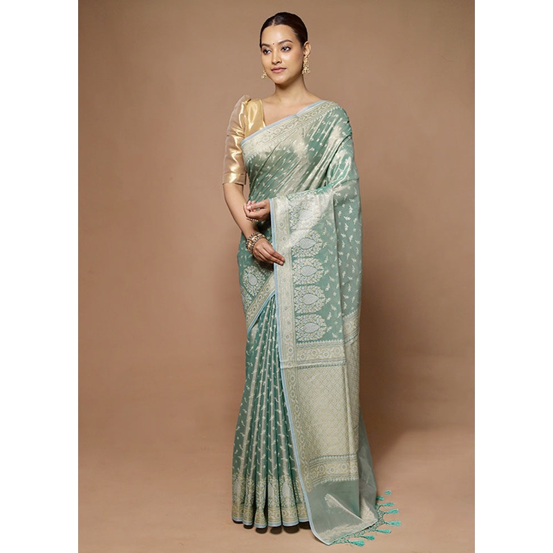 Green Tissue Silk Saree With Blouse Piece - JD986598609