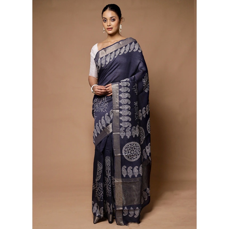 Grey Chanderi Cotton Saree With Blouse Piece - JD986598706