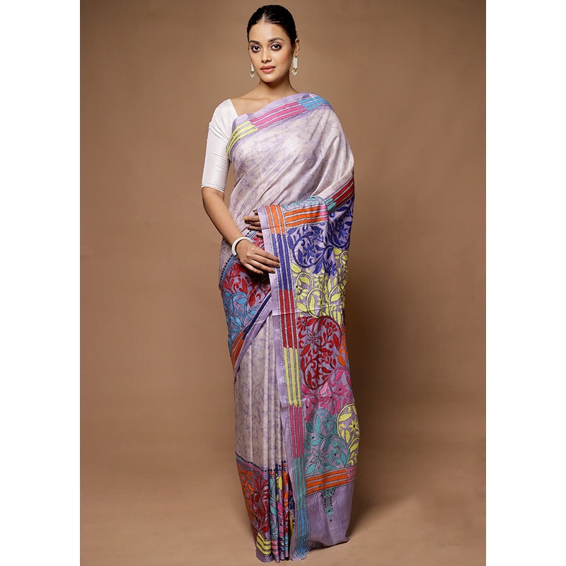 Grey Kantha Stitch Silk Saree With Blouse Piece - JD986598704