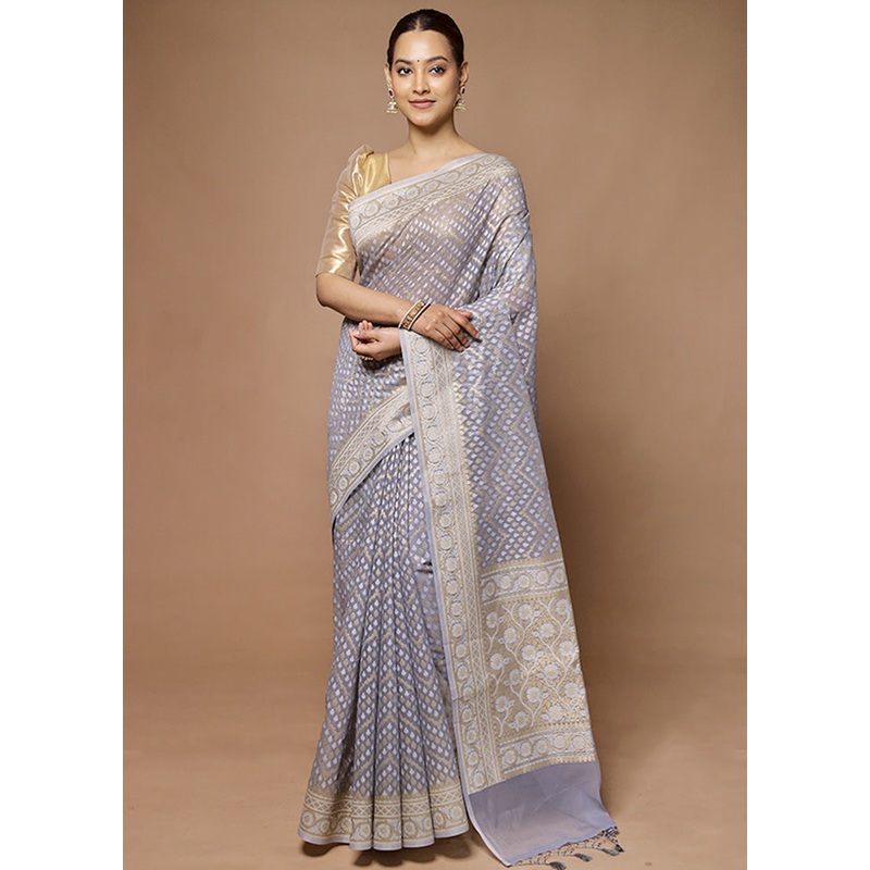 Grey Kora Silk Saree With Blouse Piece - JD986598608