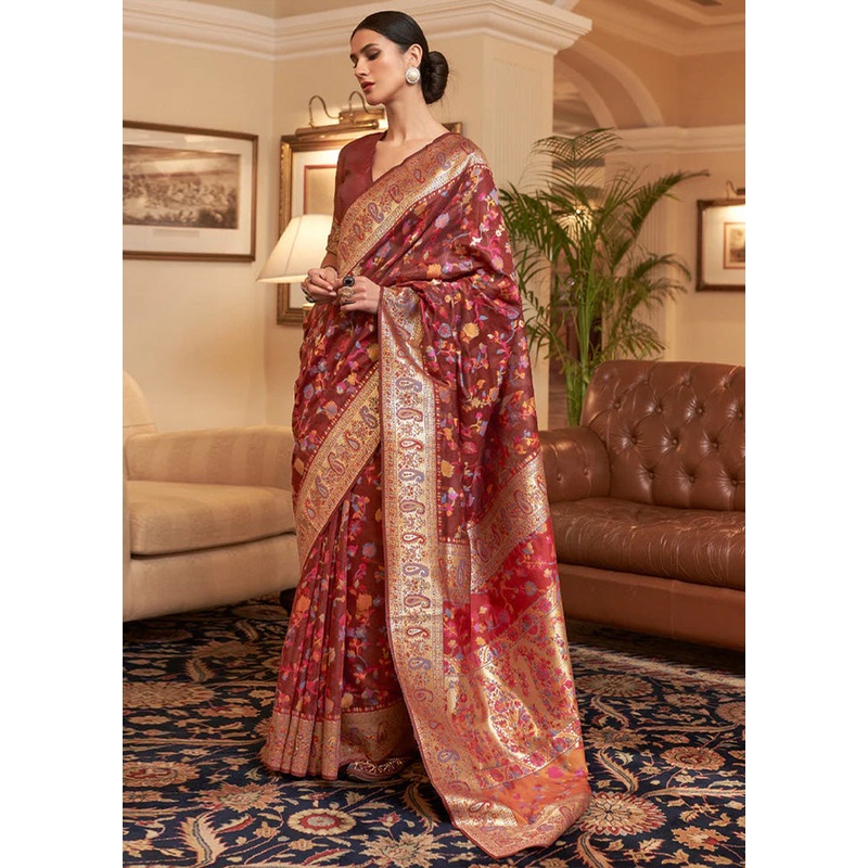Maroon Banarasi Silk Saree With Blouse Piece - JD986598660