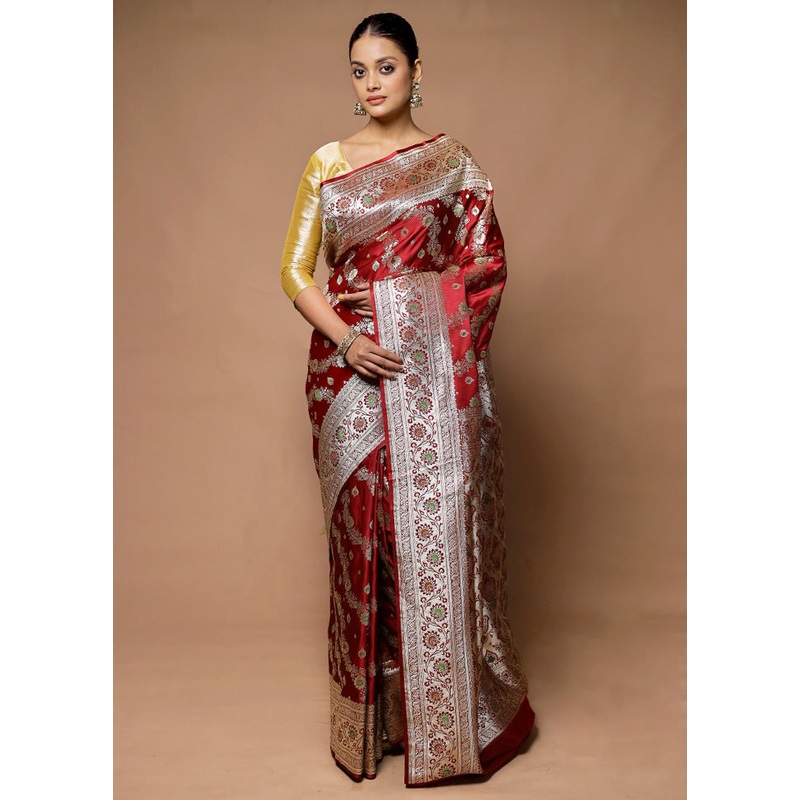 Maroon Banarasi Silk Saree With Blouse Piece - JD986598702