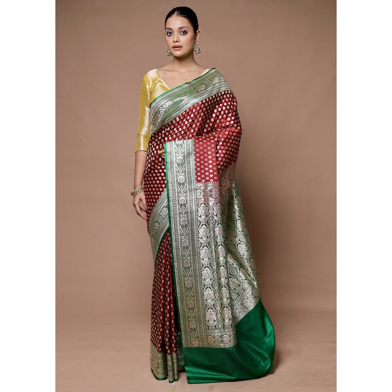 Maroon Banarasi Silk Saree With Blouse Piece - JD986598703