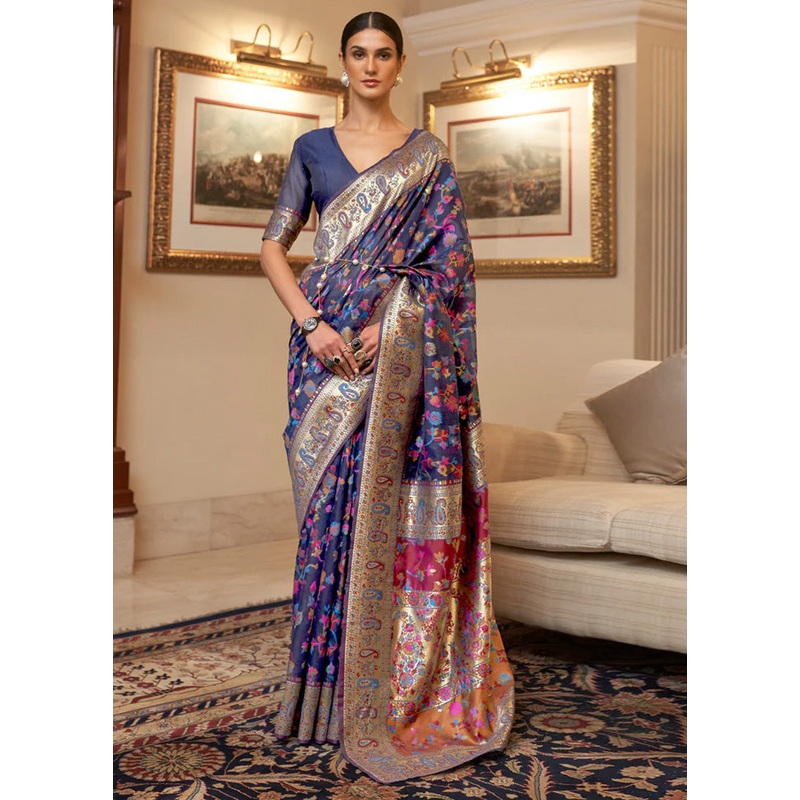 Navy Blue Banarasi Silk Saree With Blouse Piece - JD986598659