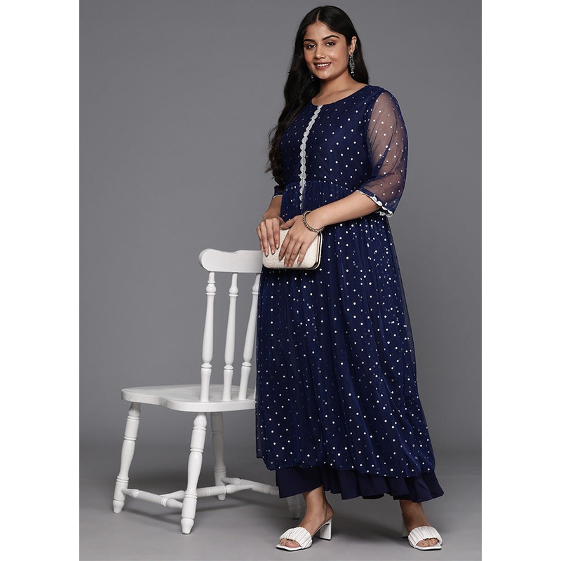 Navy Blue Readymade Net Indian Dress - JD986598770