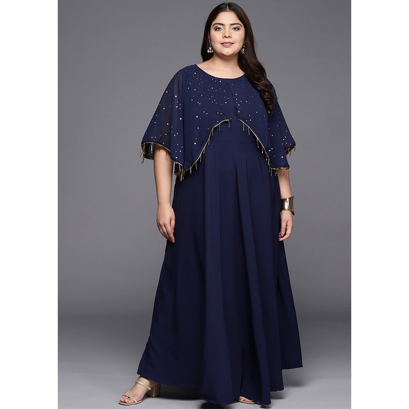 Navy Blue Readymade Silk Indian Dress - JD986598769