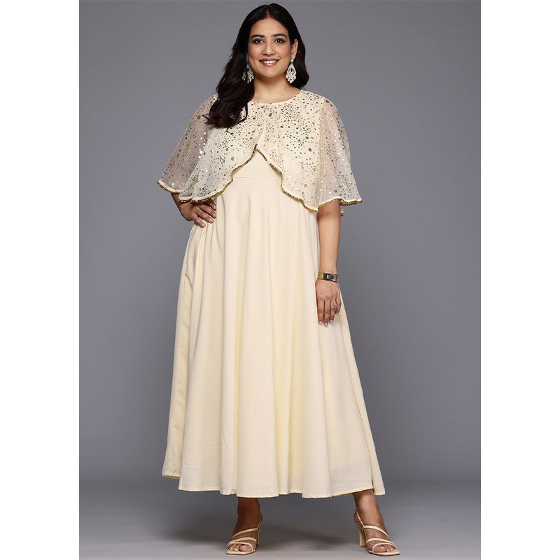 Off White Readymade Silk Indian Dress - JD986598768
