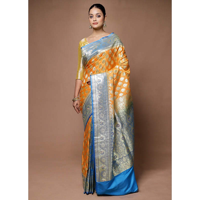 Orange Banarasi Silk Saree With Blouse Piece - JD986598692
