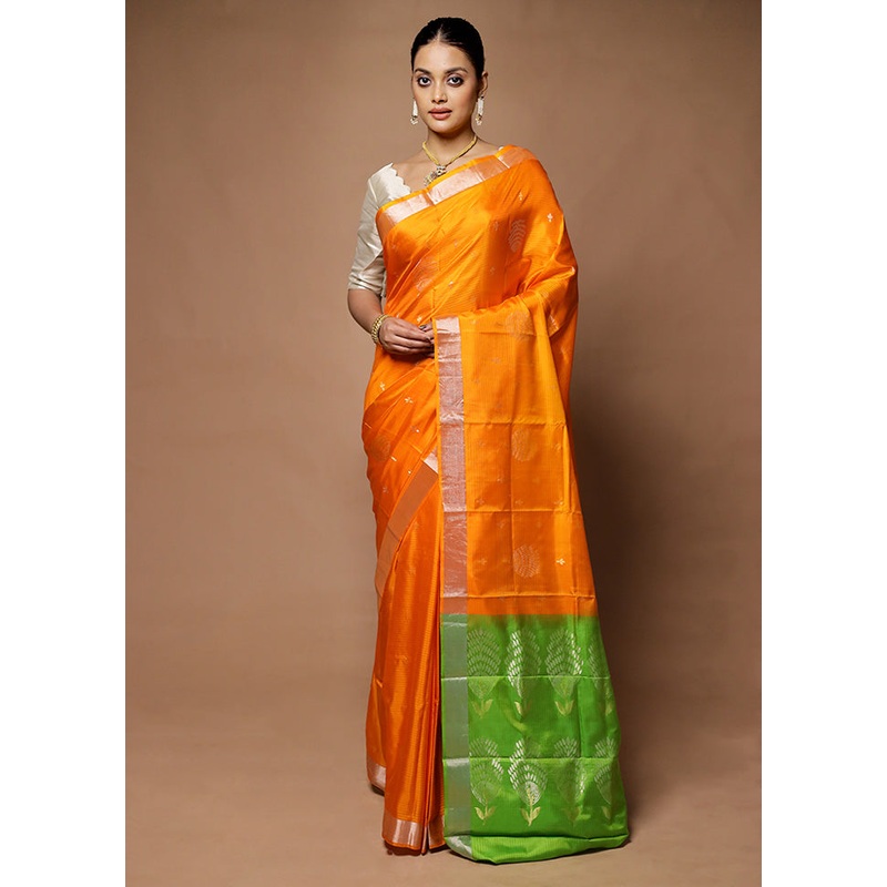 Orange Handloom Kanjivaram Pure Silk Saree With Blouse Piece - JD986598691