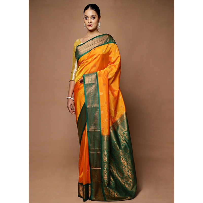 Orange Kanjivaram Silk Saree With Blouse Piece - JD986598689