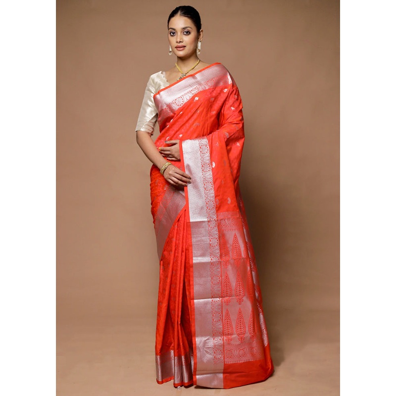 Orange Kanjivaram Silk Saree With Blouse Piece - JD986598690
