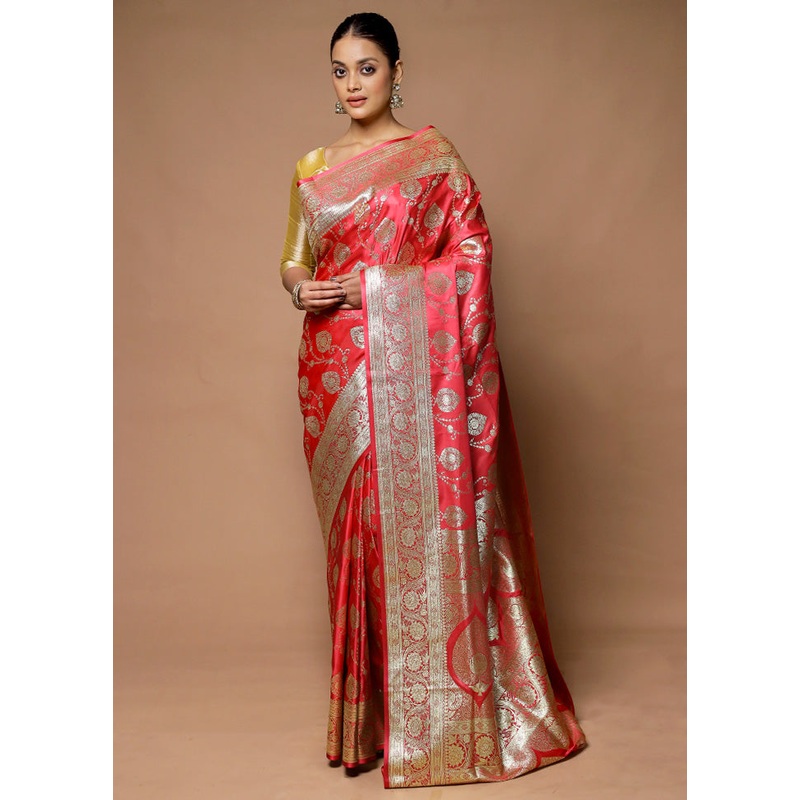 Pink Banarasi Silk Saree With Blouse Piece - JD986598683
