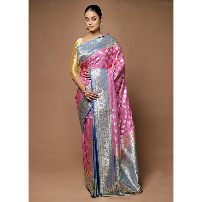 Pink Banarasi Silk Saree With Blouse Piece - JD986598684
