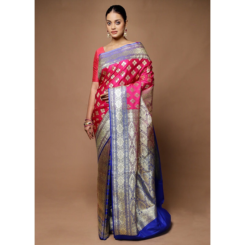 Pink Banarasi Silk Saree With Blouse Piece - JD986598685