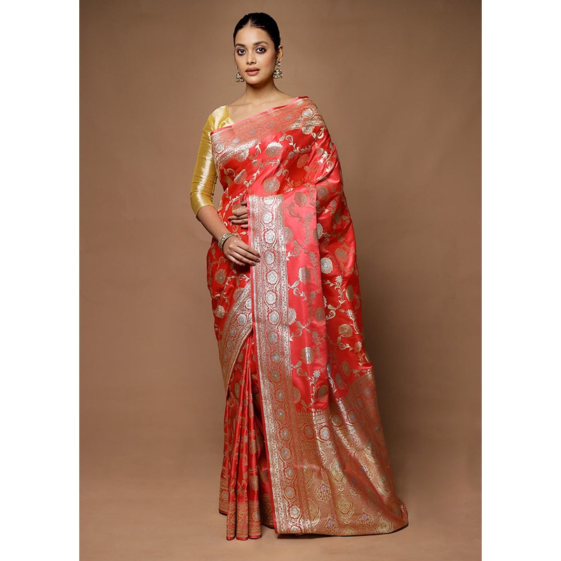 Pink Banarasi Silk Saree With Blouse Piece - JD986598686